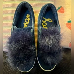 San Edelman- LEYA Pom-Pom Sneakers- Women Size 8M-  Blue Suede